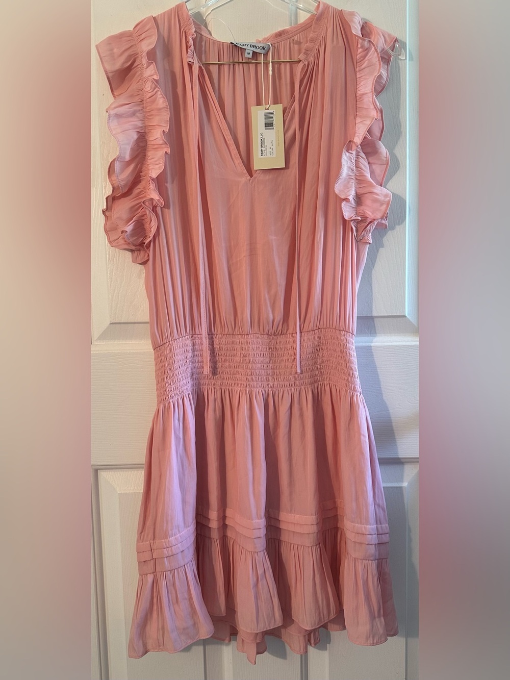 RAMY BROOK Med Romantic Babydoll Joya Blush Pink Ruffle Smocked Waist Mini Dress